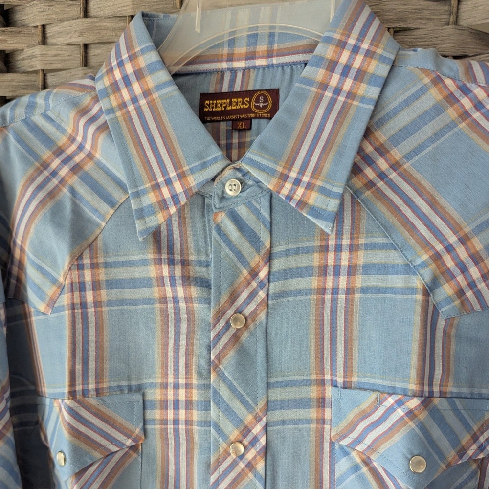 Vtg Sheplers Western Pearl Snap Shirt Blue Plaid Long Sleeve XL Americana Rodeo